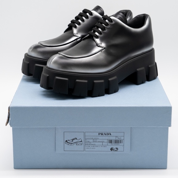 size 39.5eu 9.5 US Prada Monolith Brushed Leather Lace-up Shoes Black Silver - Picture 12 of 13
